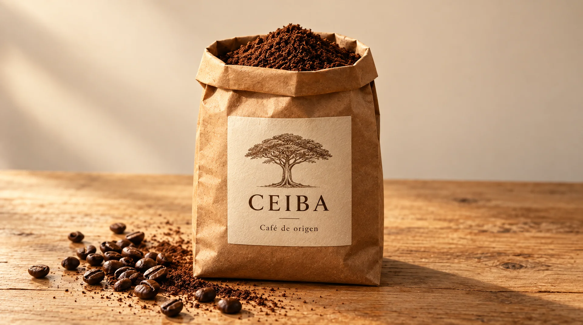 Bolsa de papel kraft de café CEIBA abierta, llena de café molido, sobre una mesa de madera